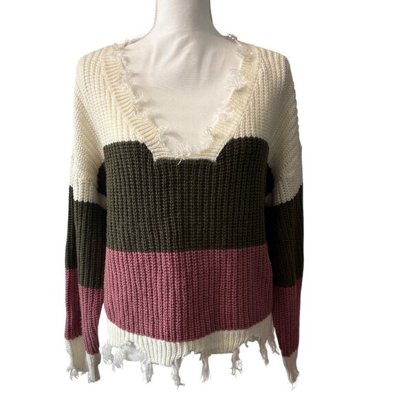Colorblock Fringe Distressed V-Neck Sweater By Derek Heart Womens Size Small - Picture 1 of 11